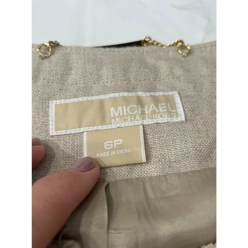 Michael Kors Linen Peplum Cropped Blazer Jacket Beige Gold Buttons Women's sz 6P